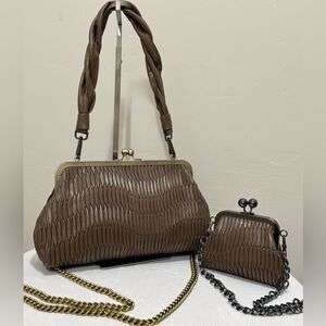 Brownish Pleated Cowhide Handmade Vintage Style Kisslock Handbag Set, Multi Use